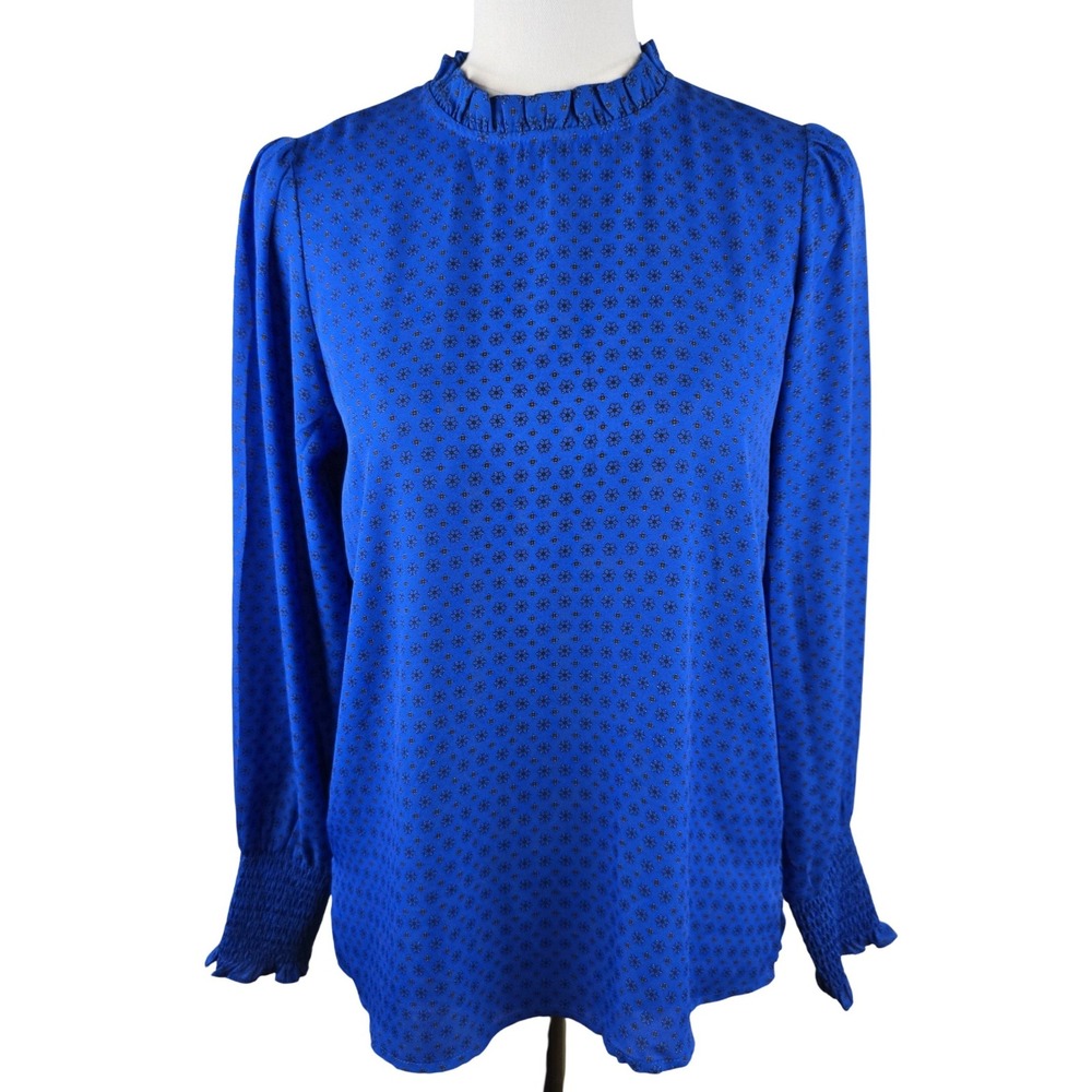 Carolina Belle Montreal Blouse Women S Blue Floral Mock Neck Smocked Cuff NWT